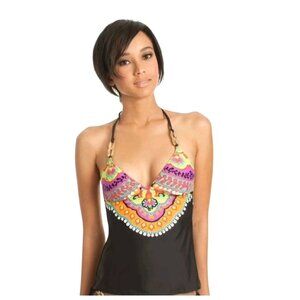 Trina Turk Nuevo Sol Halter Tankini Top Multicolor Black Boho Size 12